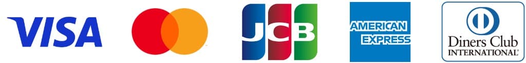 クレジットカード各社のロゴ。VISA、Mastercard、JCB、アメリカン・エキスプレス、ダイナースクラブの取り扱いを示すバナーです。