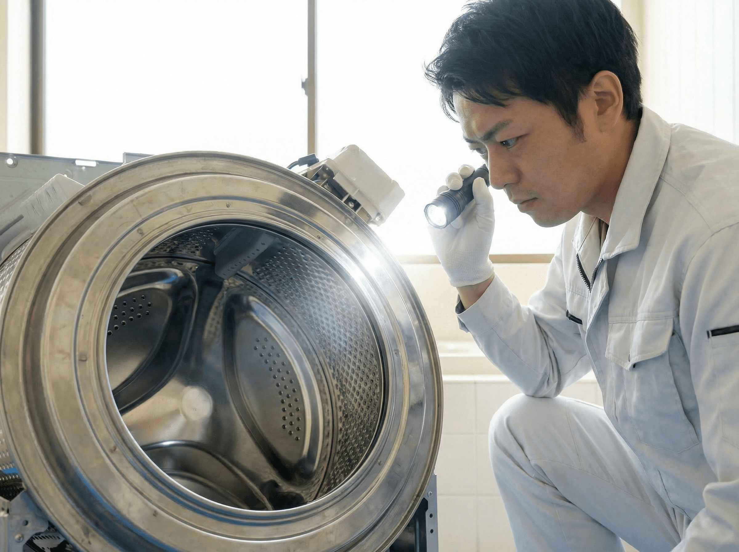 分解後、洗濯機内部の汚れの状態をお客様と一緒に確認している様子