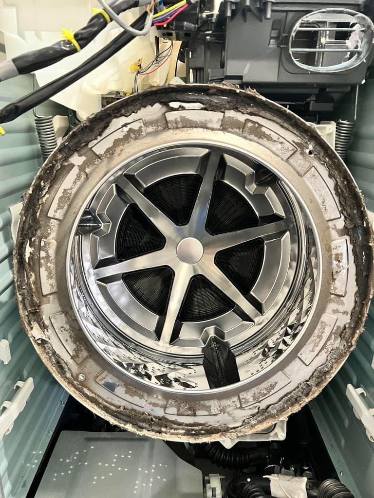 分解したドラム式洗濯機の槽周りにカビやヌメリが付着した状態