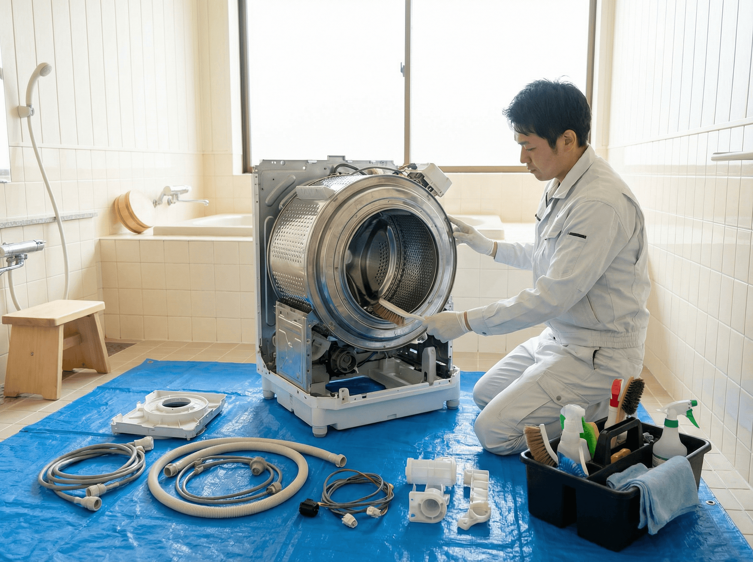 ドラム式洗濯機の分解クリーニング作業の様子